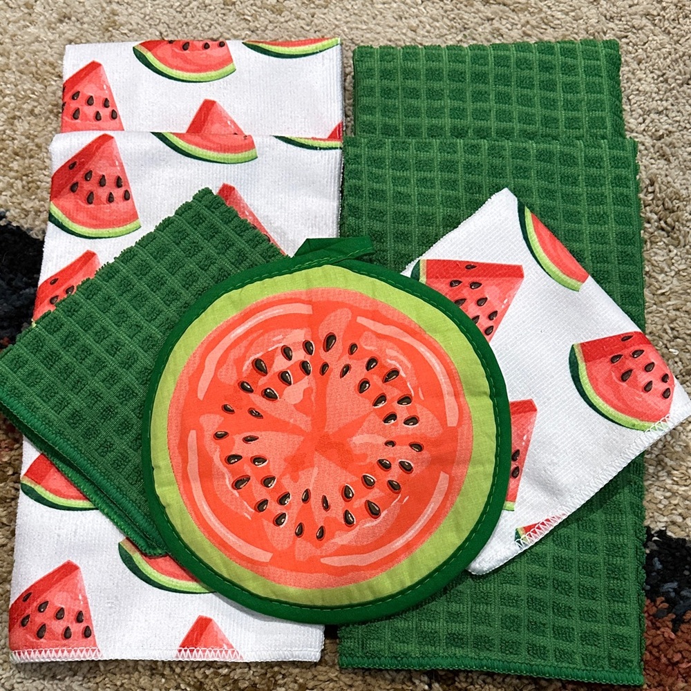 Watermelon Kitchen Towel & Potholder Summer Backyard BBQ Grilling 7 Pc Set NWT